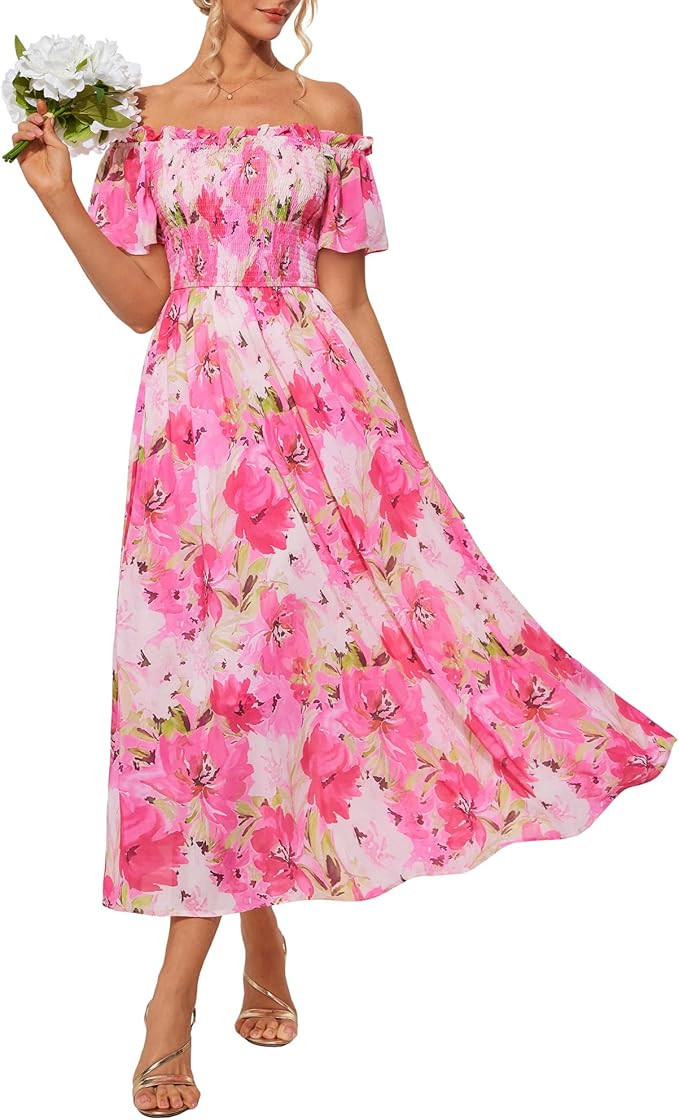 GRACE KARIN Women's 2025 Summer Floral Smocked Off Shoulder Flowy A Line Maxi Dresses Formal Wedd... | Amazon (US)