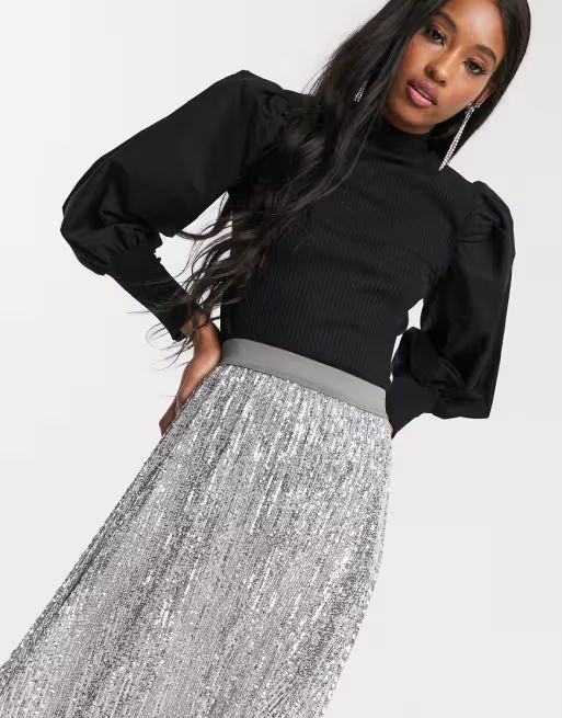 ASOS DESIGN sequin pleated maxi skirt in gray | ASOS (Global)