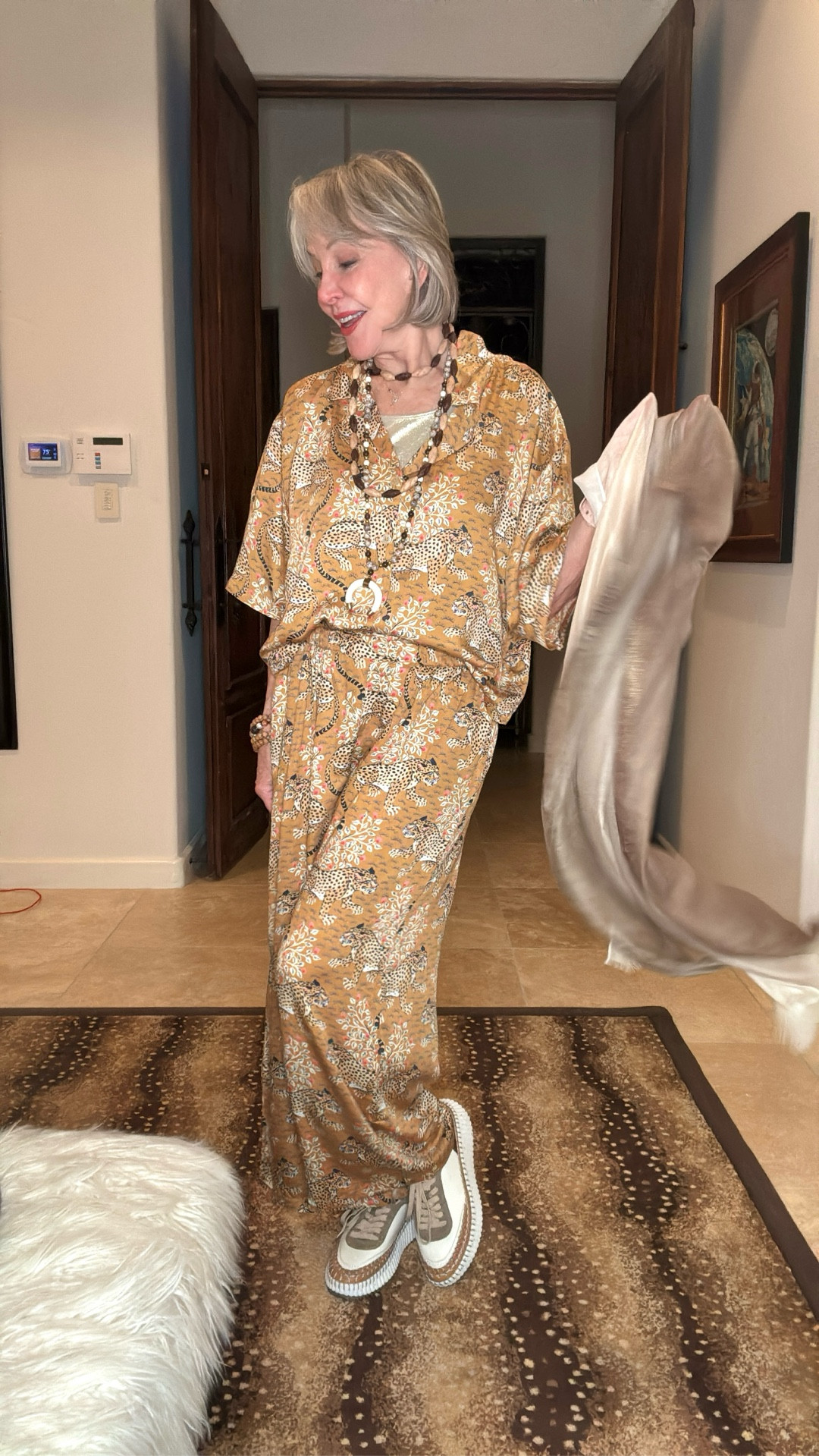 Print Fresh Bagdeera Satin pajama set in color print Tobacco 
I added some jewelry I purchased on precious African trip . Add a scarf any size 

#LTKOver40 #LTKTravel #LTKStyleTip