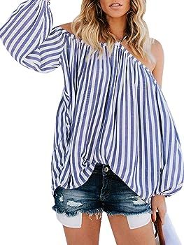 Women's Striped Off Shoulder Halter Blouse Long Sleeve Shirt Top Blouse Loose | Amazon (US)