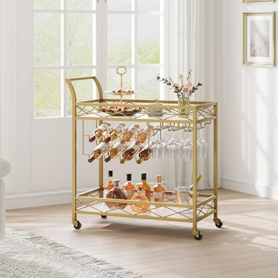 Gold Bar Cart, 2 Tier Bar Carts for The Home, Bar Carts with Wheels, Serving Cart with White Marble Finish Wood Shelf | Target