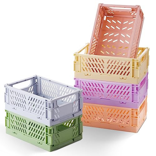HUUSMOT 6-Pack Small Pastel Plastic Storage Baskets, Collapsible Crates for Organizing, Space-Saving Mini Bins for Classroom, Kitchen, Office, Bedroom (5.8" x 3.8" x 2.2") | Amazon (US)