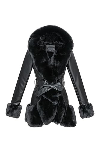 GRAN ORIENTE Women's Faux Leather Coat with Faux Fur Collar,Winter Warm Belted Mid Length Trim Jacket Fur Lined with Hood (002 Black S) | Amazon (US)