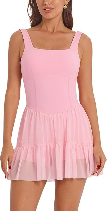 ABOCIW Women's Flowy Pleated Ruffle Tennis Athletic Dress Square Neck Sleeveless Mini Golf Dress ... | Amazon (US)