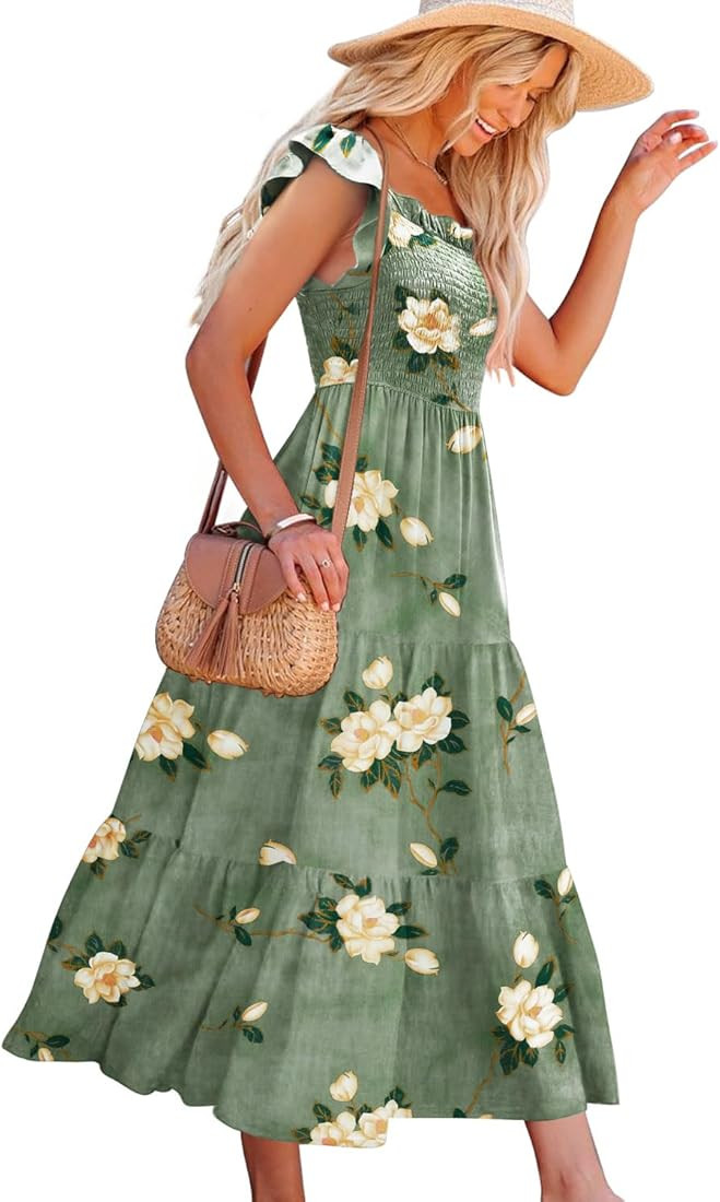 YESNO Women Summer Ruffled Off Shoulder Maxi Dress Smocked Floral Printed Casual Dress with Pocke... | Amazon (US)