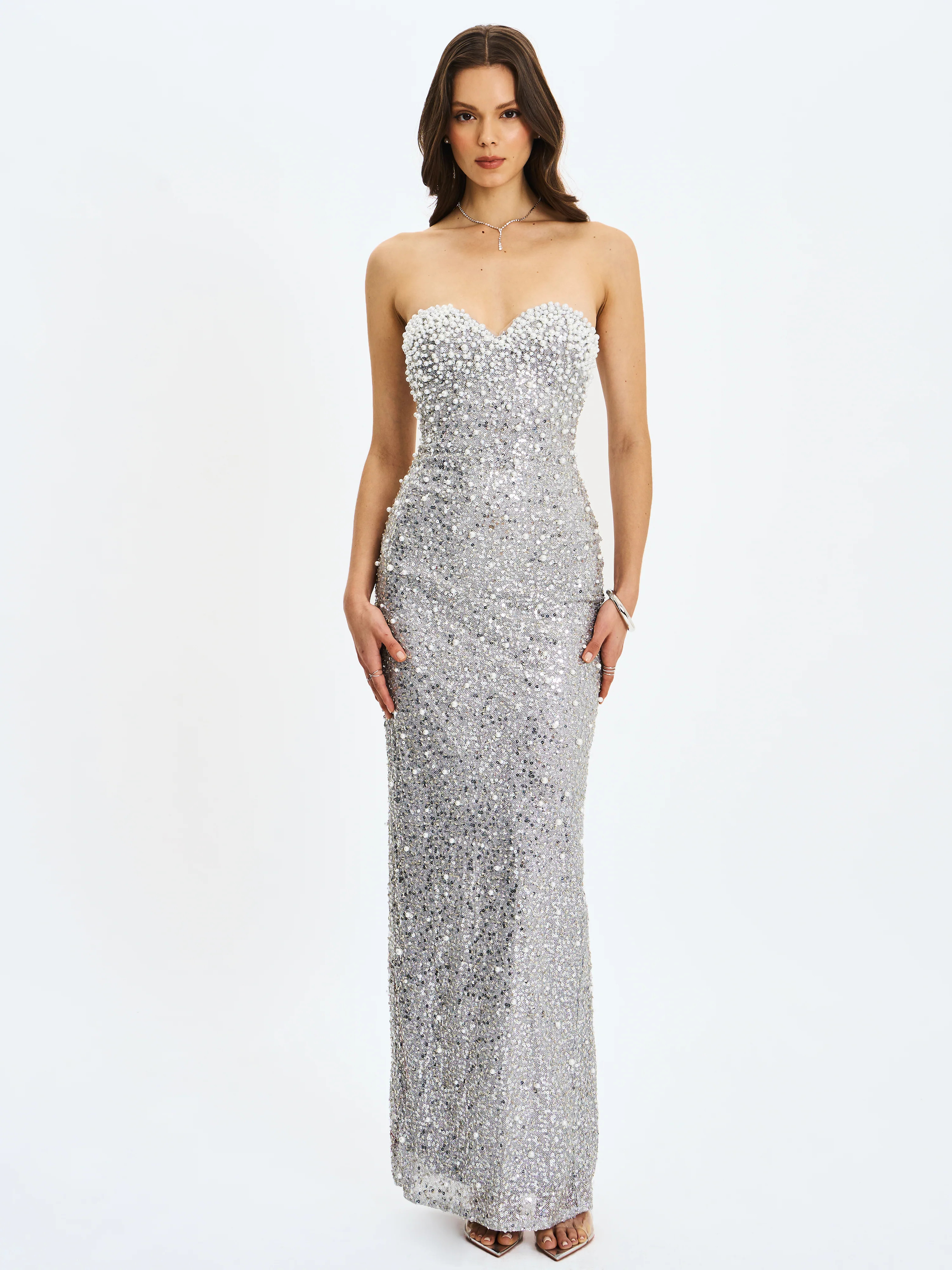 Noelle Silver Sequin Pearl-Embellished Sweetheart Maxi Dress | Miss Circle