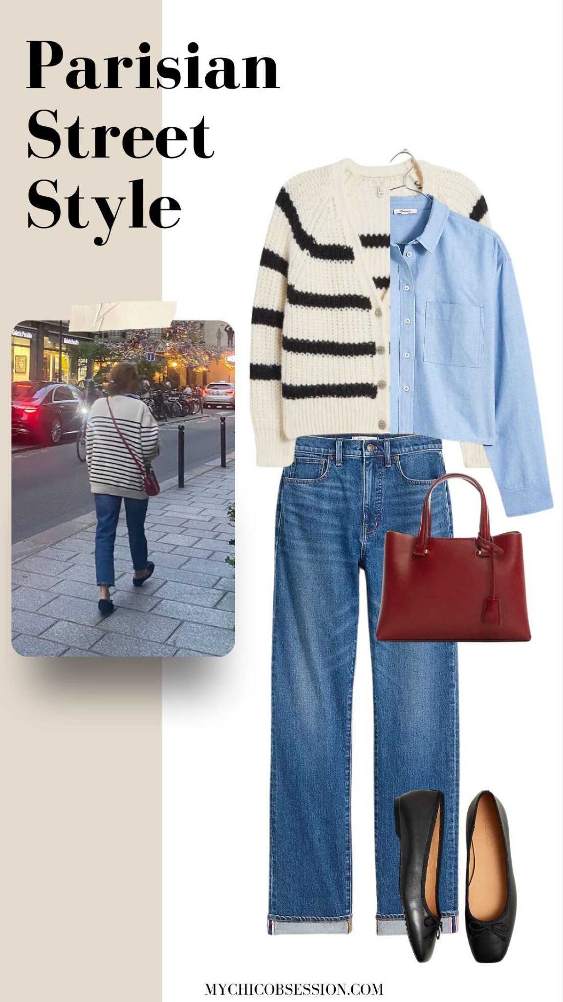 Try this fall Parisian street style look: a striped knit sweater, blue Oxford button down, slim fit jeans and a leather bag.

#LTKSeasonal #LTKstyletip
