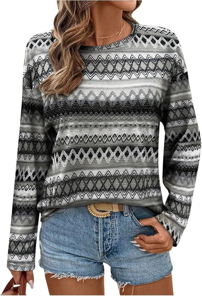 SOLY HUX Women's Long Sleeve T Shirt Boho Chevron Print Crew Neck Drop Shoulder Casual Fall Tops | Amazon (US)