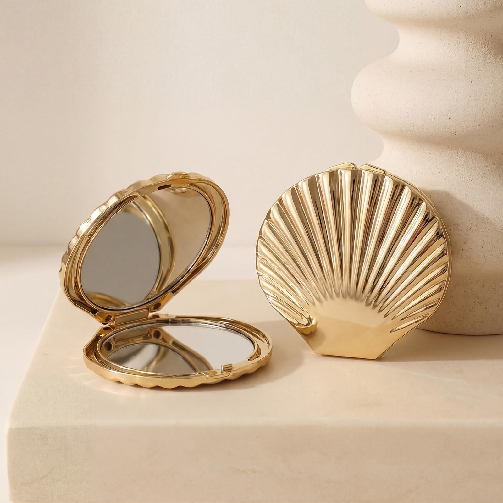 Novabright 2 Pcs 2.7 Inch Gold Inch Sea Shell Compact Mirror Double-Sided Makeup Small Mirror for Purse with 1x/2x Magnification for Travel Bathroom Makeup Beauty Grooming, Plastic | Amazon (US)