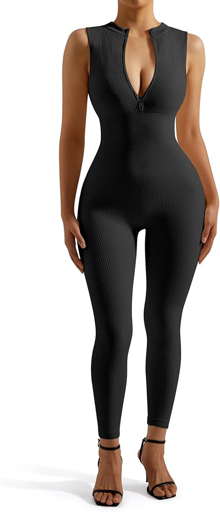 SUUKSESS Women Ribbed Seamless One Piece Jumpsuits Zip Up Sexy Bodycon Romper | Amazon (US)