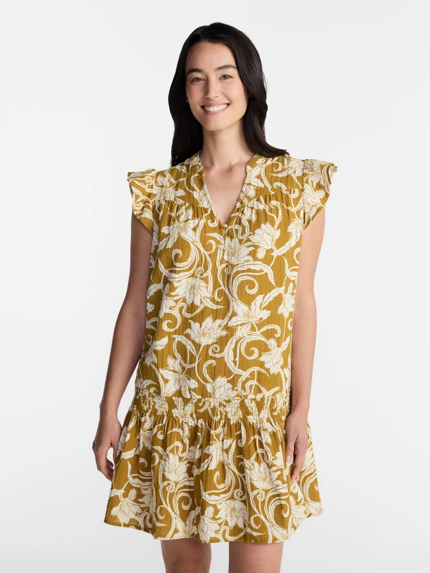 Time and Tru Women's Double Cloth Mini Dress with Flutter Sleeves, Sizes XS-XXXL | Walmart (US)