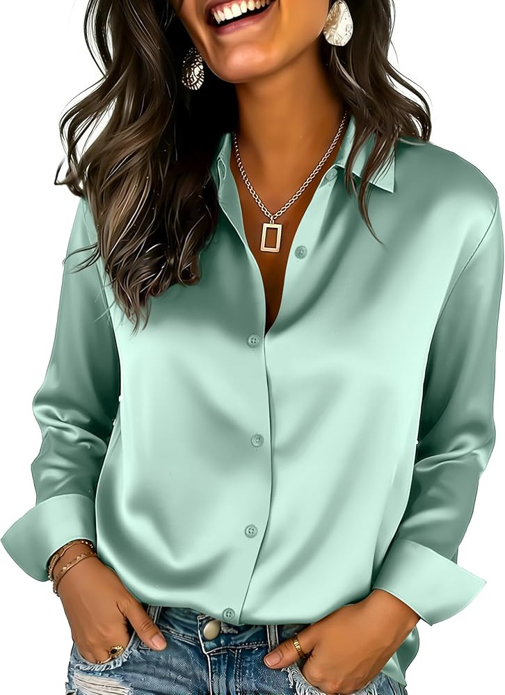 Womens Satin Silk Button Down Shirts Long Sleeve Blouse Casual Work Office Tops | Amazon (US)