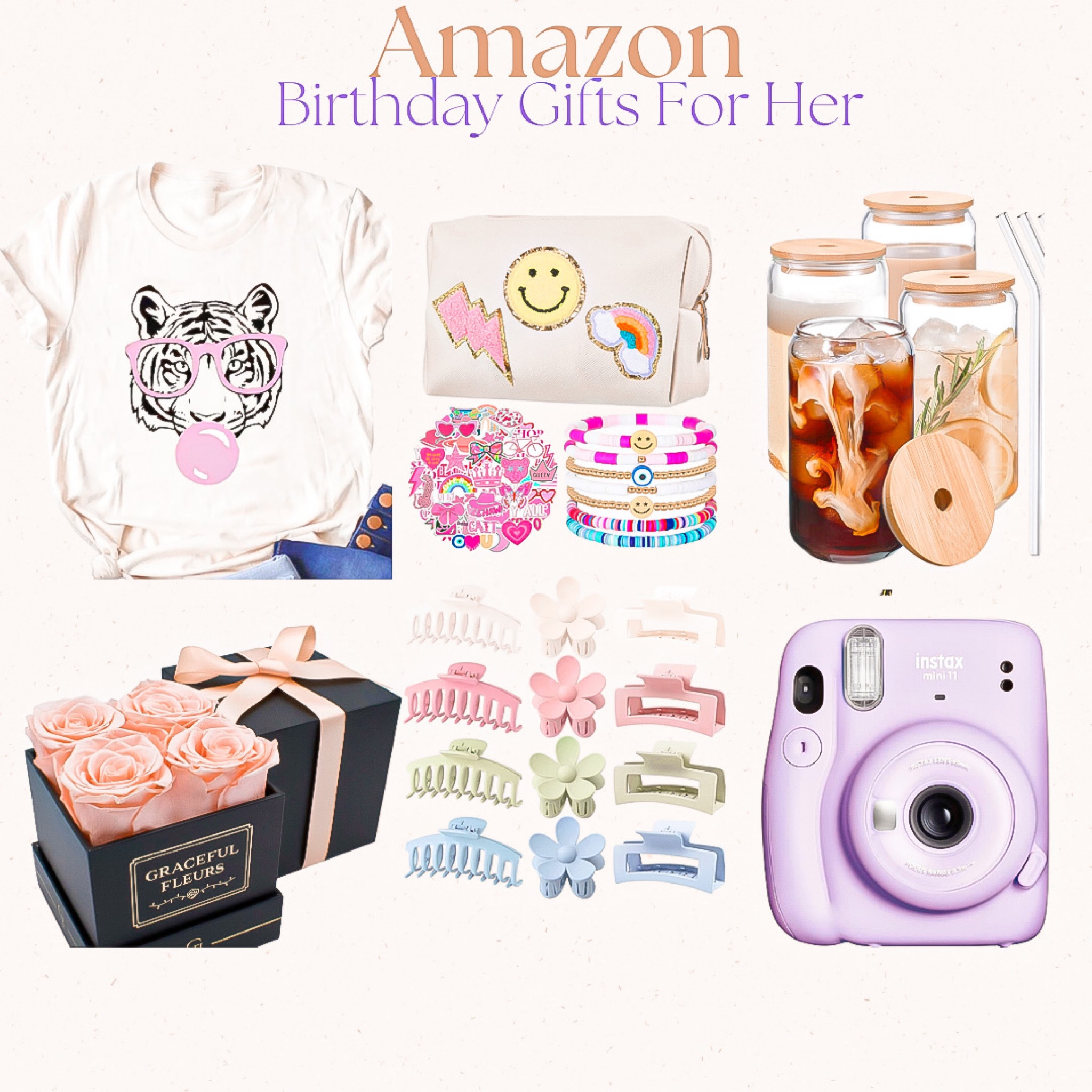 Amazon- birthday gifts for her 

These items were too cute not to share 💕💜

They would make a fun birthday gift basket, thinking of you gift, thank you gifts or snag some for yourself 💕🛍️

Graphic tee, tiger tshirt, makeup bag, stickers, brackets, 50 piece makeup set, cups with bamboo lids, amazon mugs, amazon cups with straws, flowers, roses, hair clips, pastel clips, instamax camera, thank you gift, teen girl birthday, Womens birthday, gift basket ideas, amazon finds, amazon fashion, amazon must haves 

#LTKGiftGuide 

#LTKxPrimeDay #LTKFind #LTKstyletip