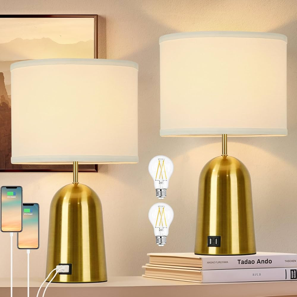 Gold Table Lamps Set of 2, 3-Way Dimmable Touch Control Bedside Lamps with Dual USB Ports, Brass ... | Amazon (US)