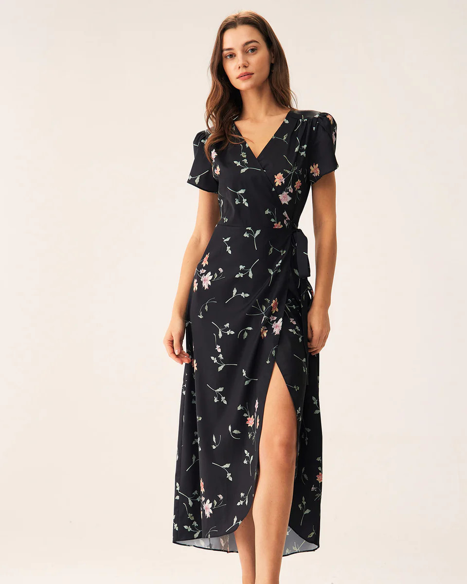 Black Floral Wrap Maxi Dress | rihoas.com