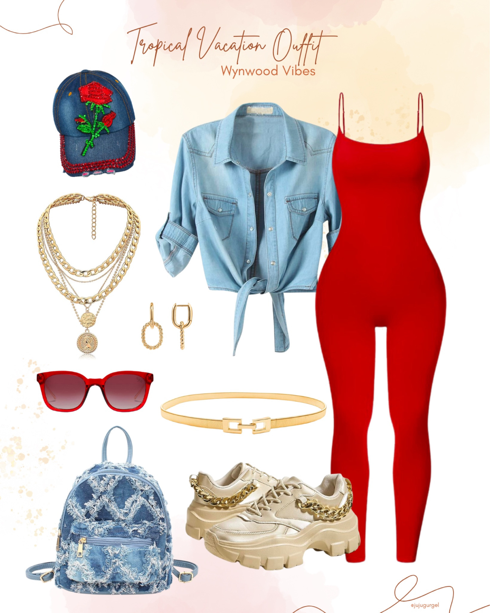Wynwood vibes tropical vacation outfit ideas in red and jeans with gold accessories. #amazonfashion #founditonamazon

#LTKstyletip #LTKfindsunder100 #LTKfindsunder50