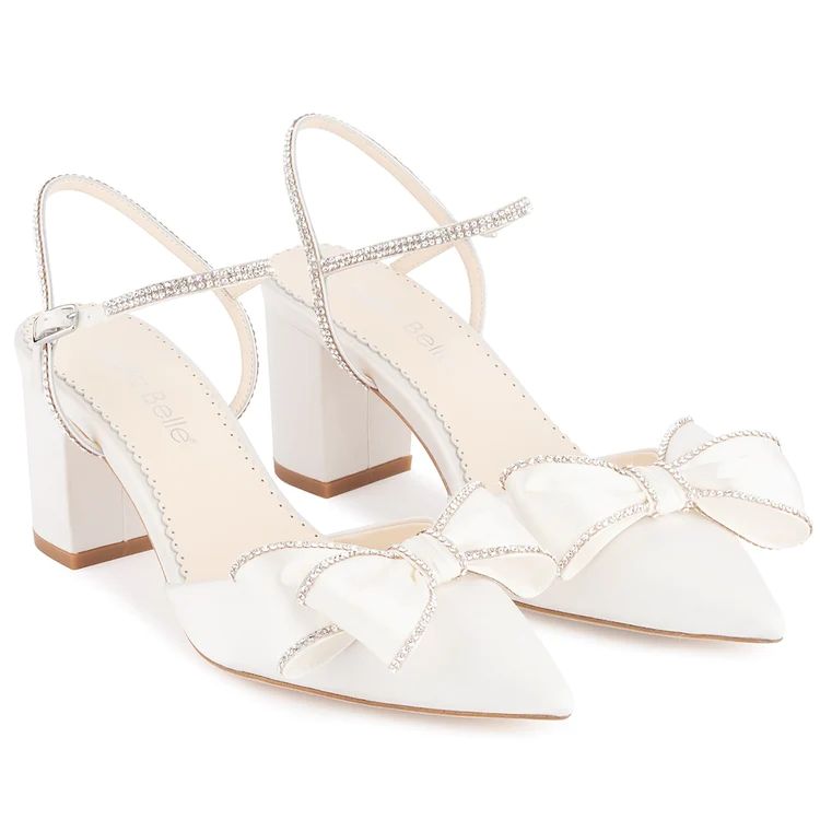 Crystal Edged Wedding Shoes with Bow and Block Heel | Bella Belle Shoes