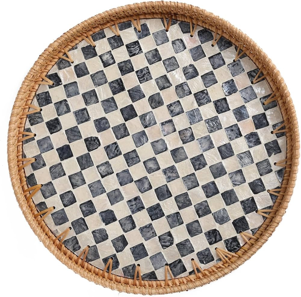 Round Rattan Tray with Mother of Pearl Inlay, Rattan Serving Tray for Coffee, Bread, Fruits, Deco... | Amazon (US)
