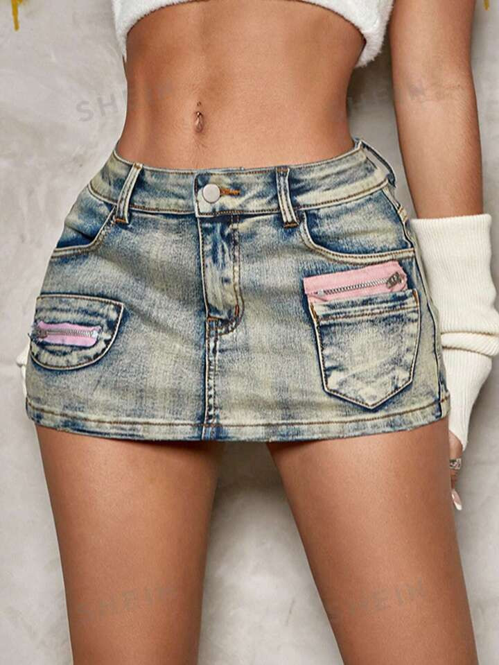 Y2K Preppy Vintage High Waist Washed Blue Zipper Decor Colorblock Patch Pocket Denim Cargo Club M... | SHEIN