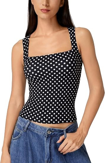 QINSEN Women's Square Neck Sleeveless Double-Layer Tank Tops Basic Tight T Shirts | Amazon (US)