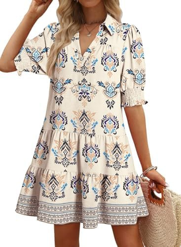 Dokotoo Casual Dresses for Women Lapel Collared V Neck Mid Sleeved Pleated Summer Dresses for Wom... | Amazon (US)