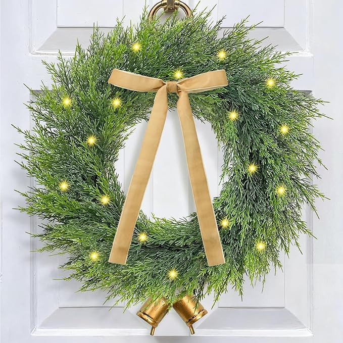 Yastouay 24" Christmas Wreaths for Front Door, Christmas Wreaths with Lights Bow Gold Cow Bell, C... | Amazon (US)