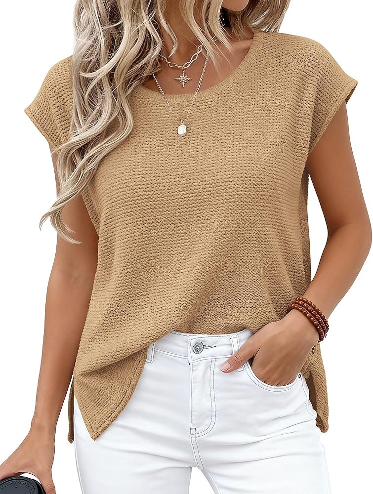 BTFBM Sweater Vest Women 2026 Spring Summer Cap Sleeve Crew Neck Casual Loose Business Tops Weste... | Amazon (US)