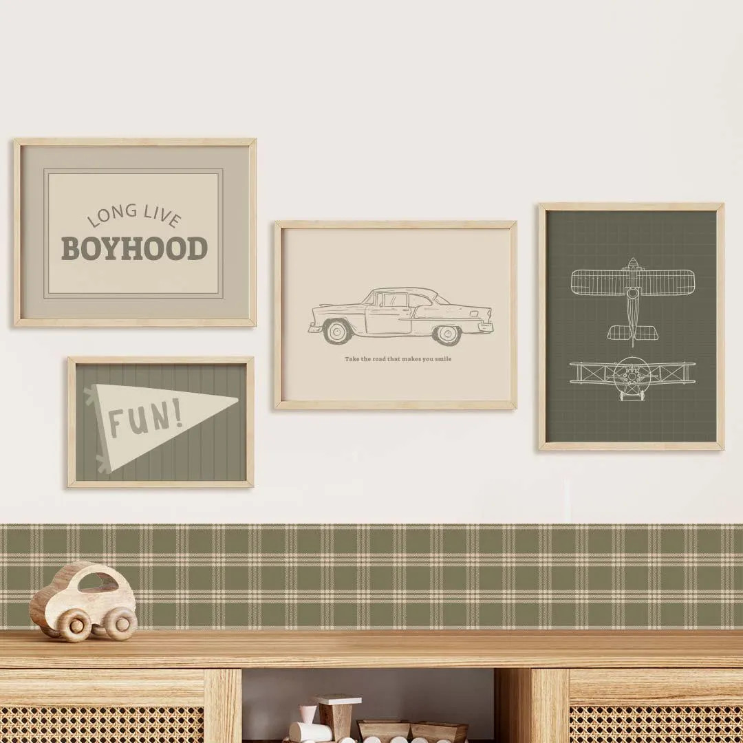 Boys posters in olive green set printed in canvas, retro style prints, cars wall decor, plane pos... | Etsy (US)