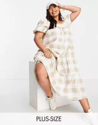 Influence Plus square neck tiered midi dress in beige oversized gingham | ASOS (Global)