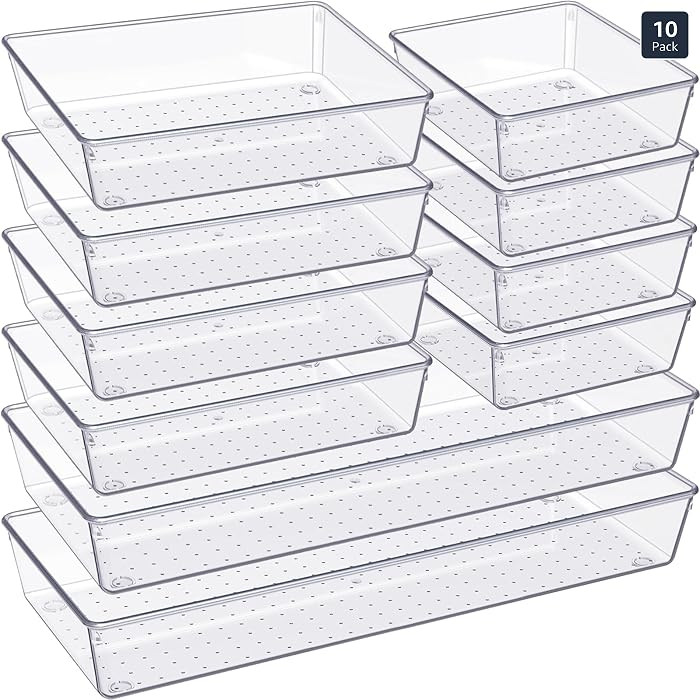 Criusia Drawer Organizer, 10 Pack Large Clear Plastic Set, 3 Size Versatile Bathroom and Vanity O... | Amazon (US)