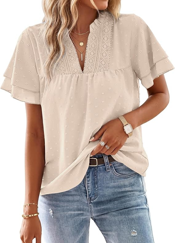 Women's V Neck Dressy Blouses Butterfly Short Sleeve Tunic Tops Trendy Boho Flowy Swiss Dot Shirt... | Amazon (US)