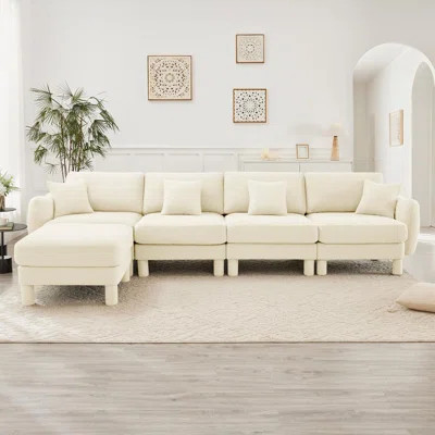 4-Seater Sofa with Shell-Shaped Armrests, Cylindrical Legs and Ottoman | Wayfair North America