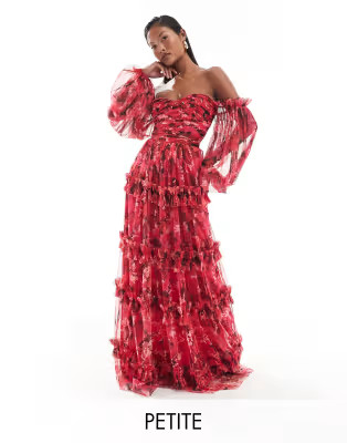 Lace and Beads Petite long sleeve tulle ruffle maxi dress in pink and red | ASOS (Global)