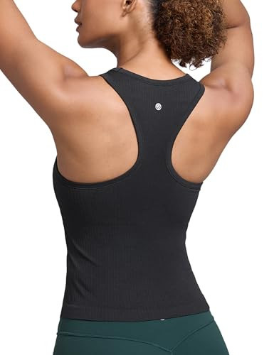 CRZ YOGA Seamless Ribbed High Neck Tank Top for Women - Sleeveless Crop Yoga Workout Shirt with Built in Bra Black X-Small | Amazon (US)