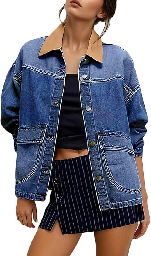 EVALESS Jean Jacket Women Trendy Color Block Denim Jacket Oversized Long Sleeve Button Down Barn ... | Amazon (US)