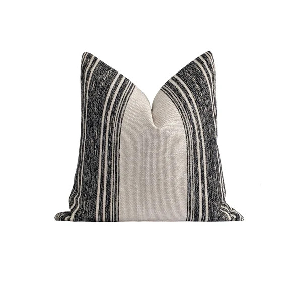 Woven Stripe Pillow Cover, Modern Farmhouse Pillow, Washed Black and Natural Woven Pillow Cover, ... | Etsy (US)