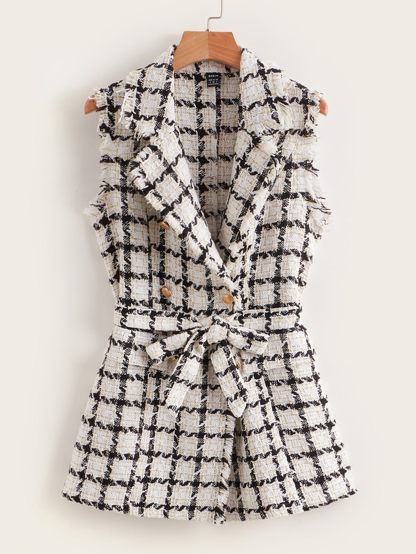 SHEIN Clasi Plaid Pattern Raw Trim Belted Tweed Vest Overcoat | SHEIN