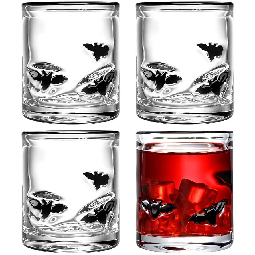 4 Pack Halloween Icon Glass Cups 14 oz Bat Icon Juice Glasses Double Old Fashioned Hand Blown Dri... | Amazon (US)