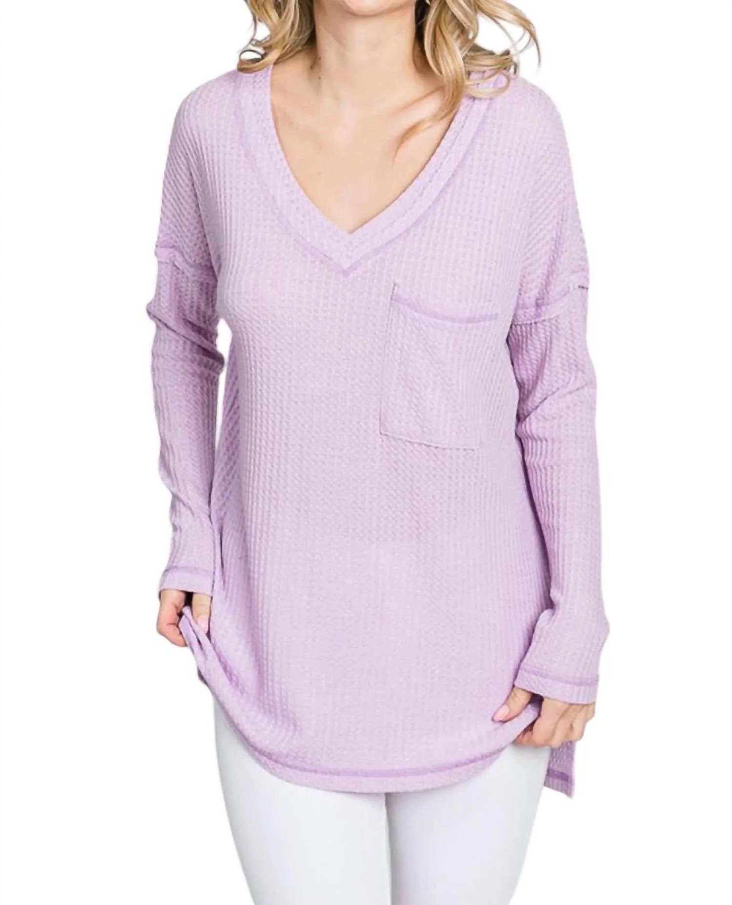 Waffle Knit V-Neck Long Sleeve T-Shirt In Lilac | Shop Simon