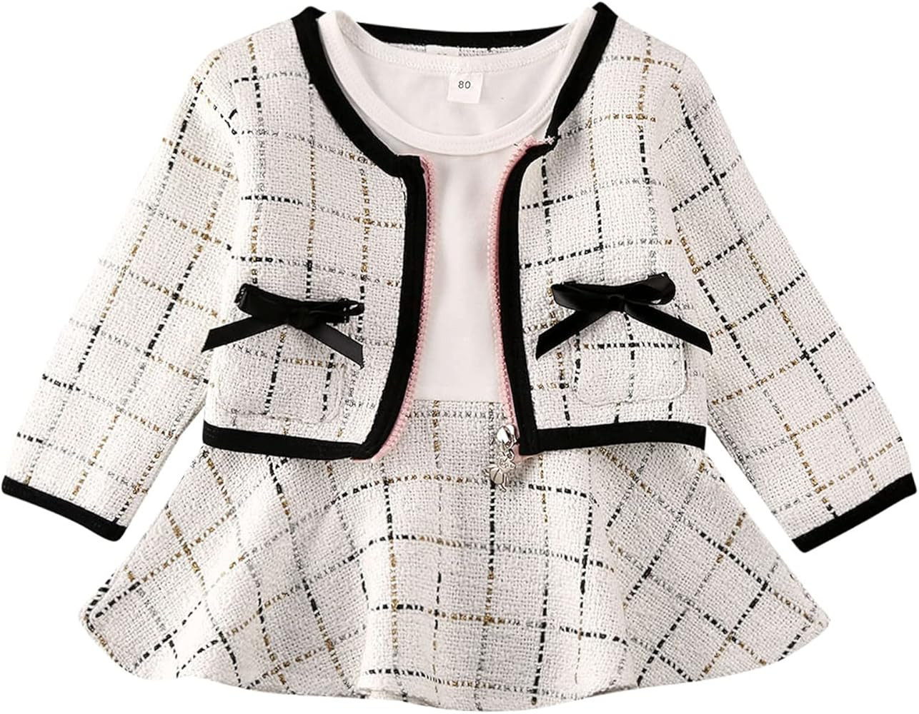 Toddler Girl Fall Outfits Knitted Sweater Top Knit Cardigan Plaid Skirt Two Piece Set Winter Clot... | Amazon (US)