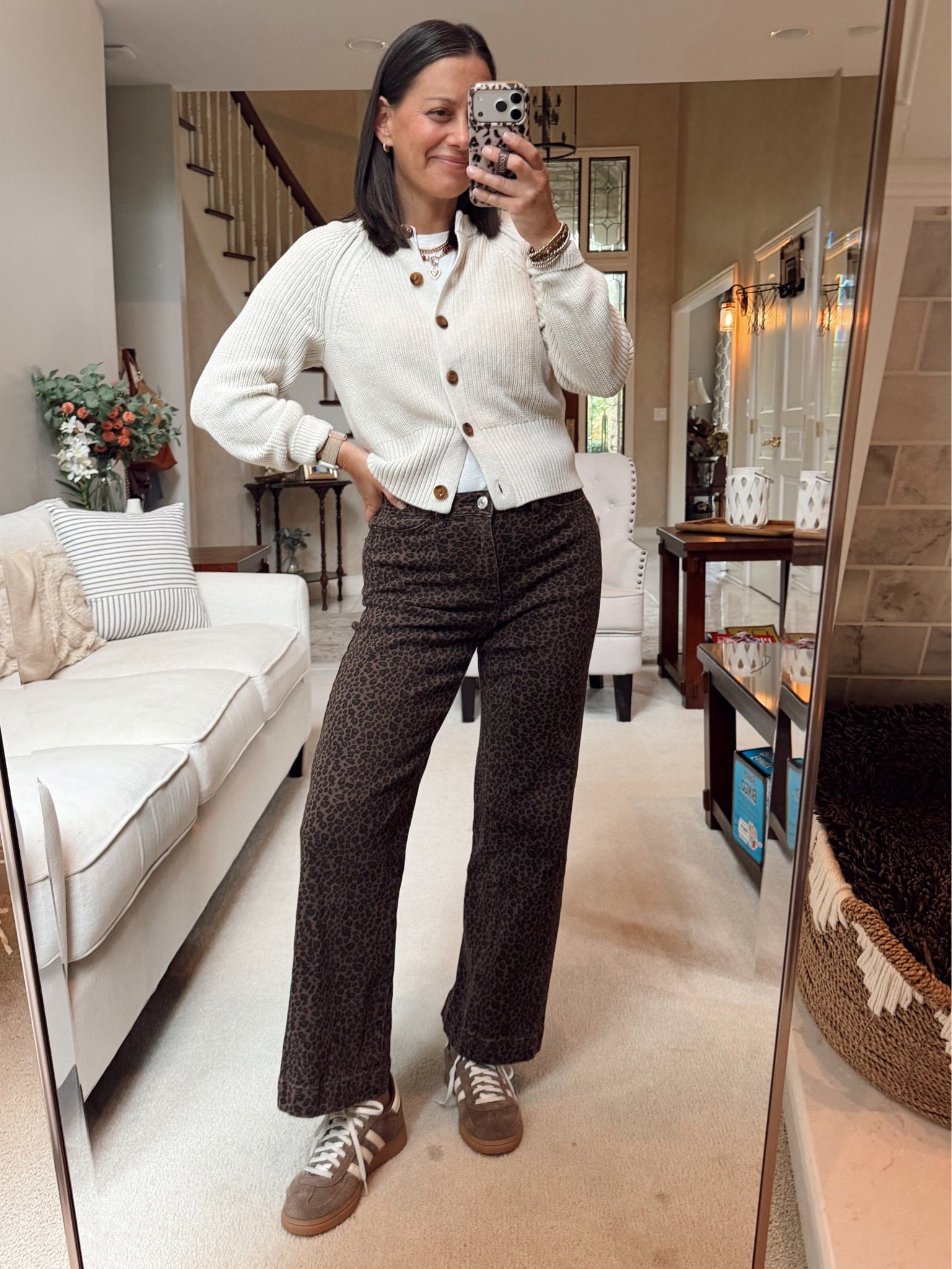 Fall outfit of the day! Leopard jeans run true to size and are petite friendly.  Target cardigans are a must! Feels and looks designer! Runs true to size.

Cardigan- xs
Leopard Jeans- 2/S

#LTKmomlife #LTKootd #LTKOver40