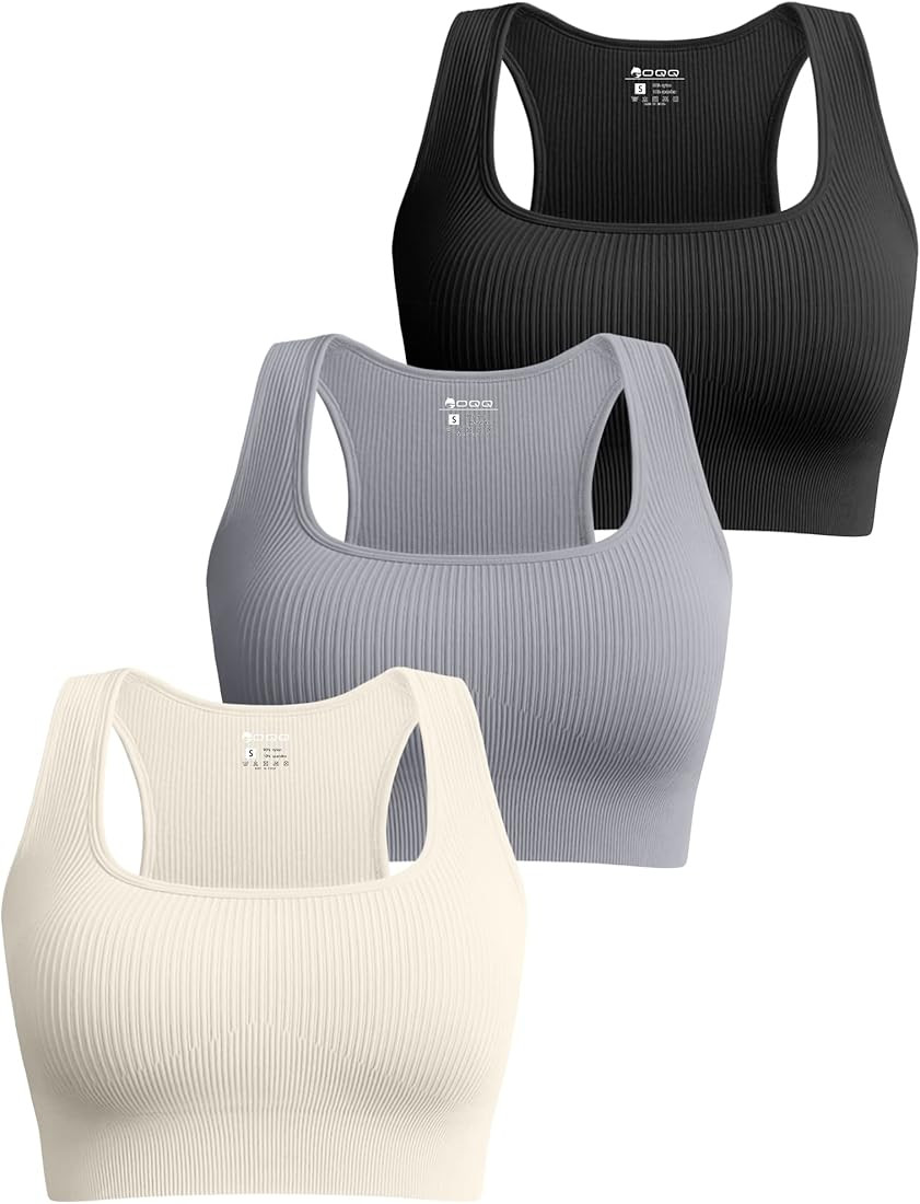 OQQ Women's 3 Piece Medium Support Crop Tops Ribbed Seamless Removable Cups Workout Exercise Race... | Amazon (US)