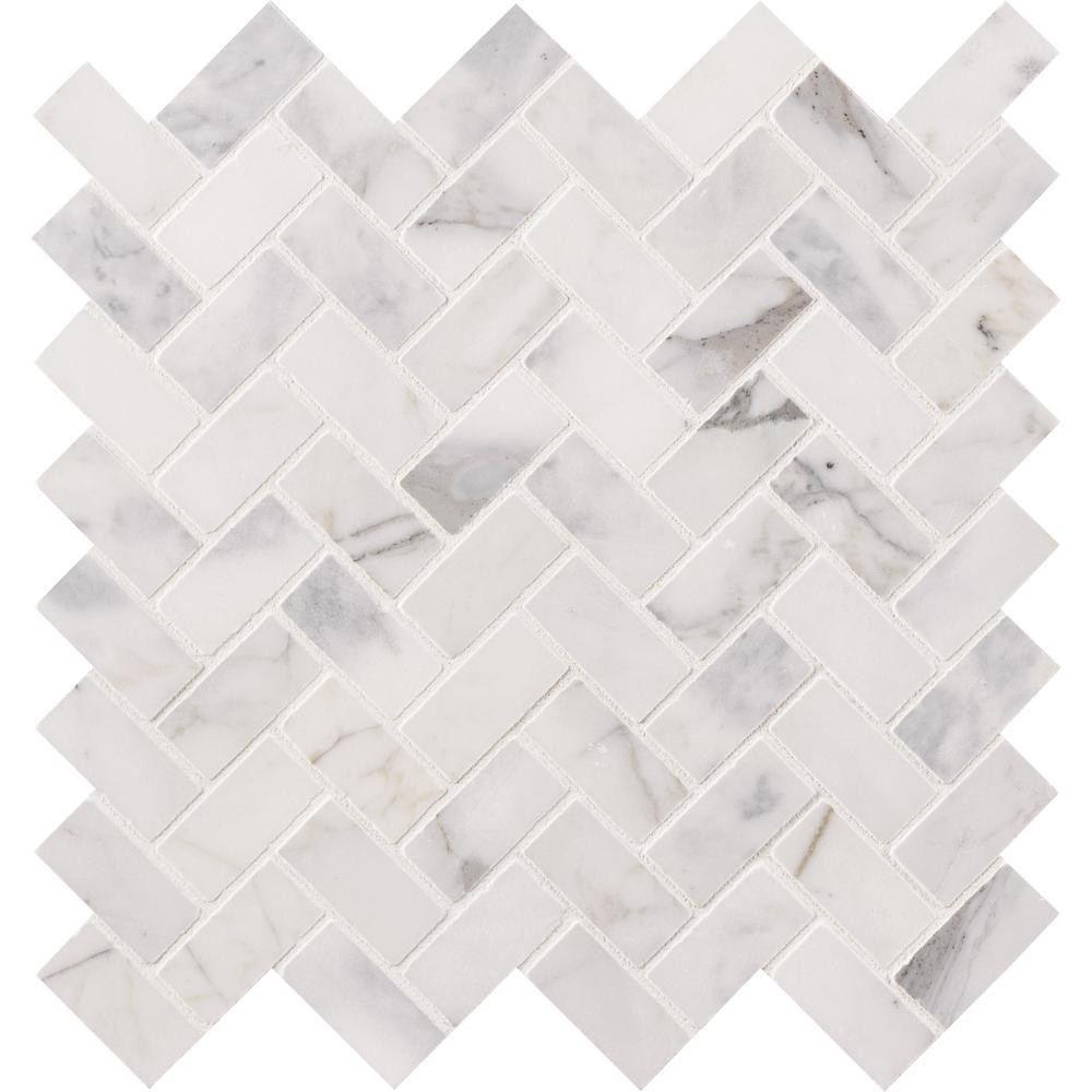 Calacatta Cressa Herringbone 12 in. x 12 in. x 10mm Honed Marble Mesh-Mounted Mosaic Tile (9.4 sq... | The Home Depot