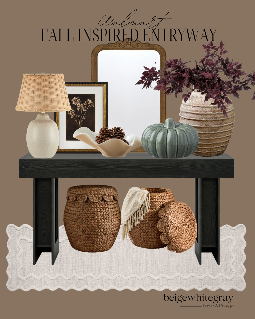 Walmart Fall Inspired Entryway, fall entryway decor, Walmart decor, entryway styling, console table decor, fall console table, neutral fall decorating, ceramic pumpkin, woven baskets, textured vase, burgundy stems, framed artwork, woven table lamp, cozy home, organic modern decor, modern farmhouse, neutral home decor, fall home inspiration, foyer decor, autumn decorating ideas, Walmart home finds, layered home styling

#LTKSeasonal #LTKHome