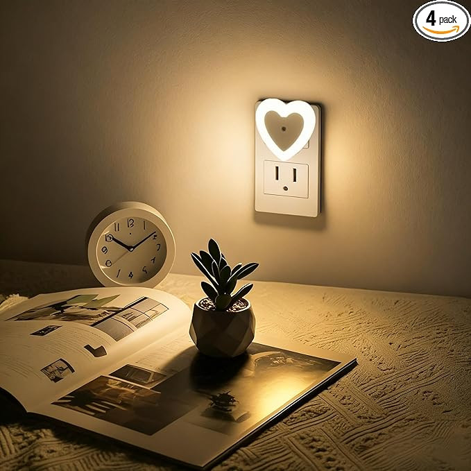 LED Night Lights Plug in(4-Pack), Dusk to Dawn Sensor Auto-On/Off, Heart Shaped Nightlight 0.5W f... | Amazon (US)