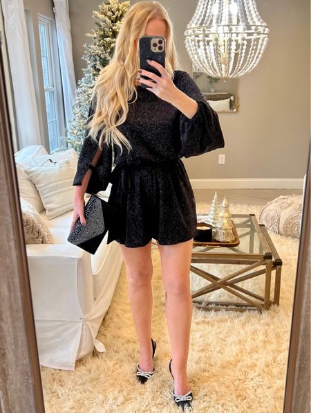 Affordable holiday outfit from Walmart! This black holiday romper has slit balloon sleeves and a V back. Super comfy and flattering!

#LTKHoliday #LTKshoecrush #LTKstyletip