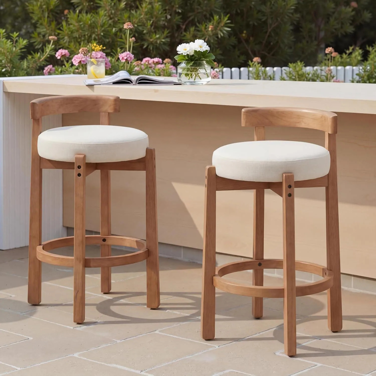 Garvee Counter Height Bar Stools Set of 2 Kitchen Island Chairs Beige Oak Curved Backrest Solid Wood Legs Linen Upholstered Padded Seat Breakfast for | Lowe's