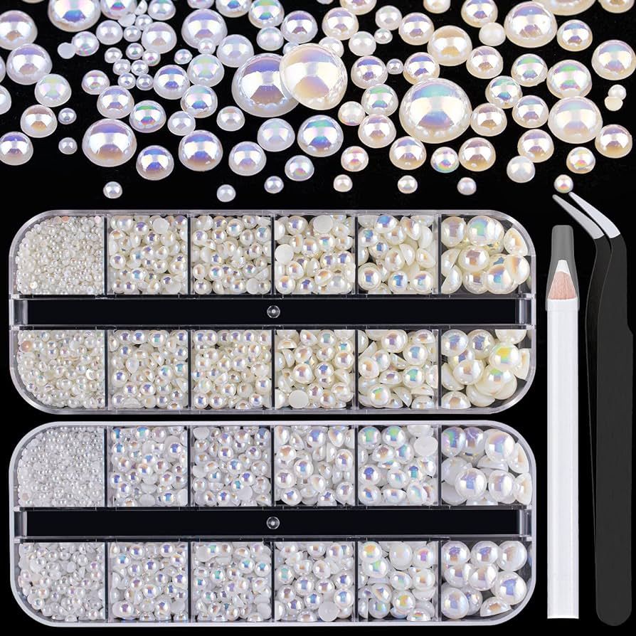 2700 Pcs Flat Back Pearls Kits 1 Box of Flatback White AB+1 Box of Beige AB Half Round Pearls wit... | Amazon (US)