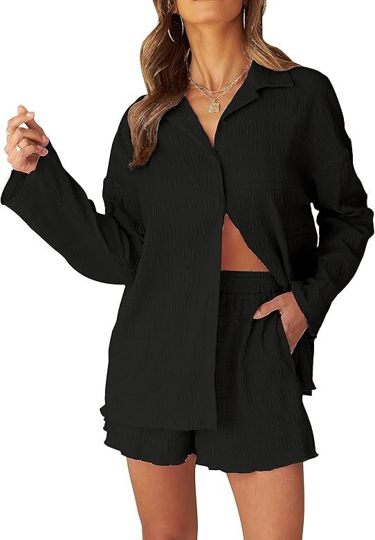 Women's 2 Piece Outfits Long Sleeve Button Down Textured Shirt and Shorts Lounge Sets | Amazon (US)