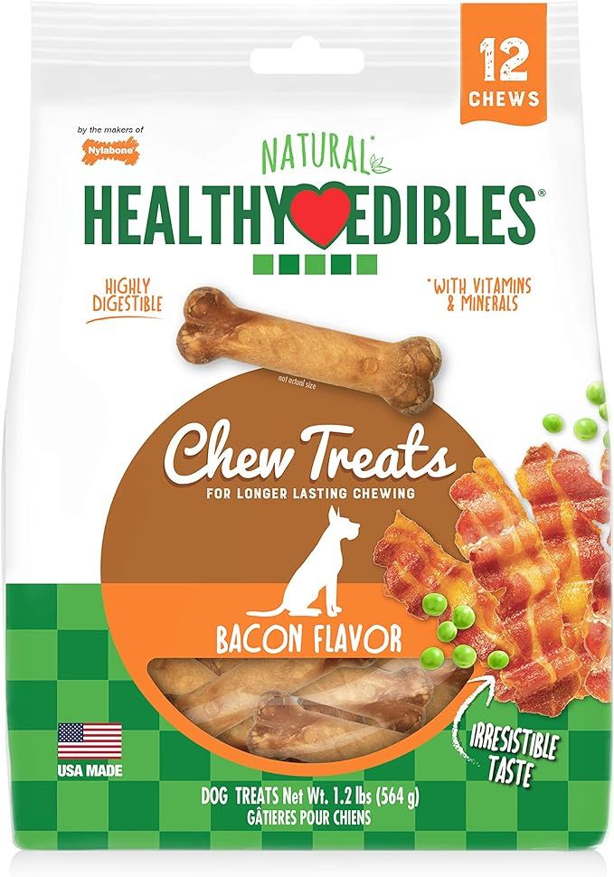 Nylabone Healthy Edibles Natural Long Lasting Dog Chew Treats Bacon Regular 12 Count, Brown (NEB8... | Amazon (US)